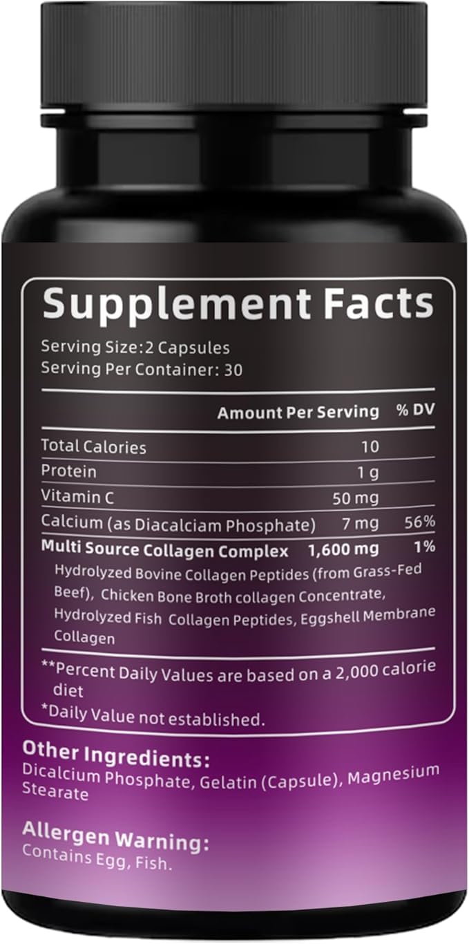 Multi Collagen Peptides Capsules – 4 Natural Sources – Types I, II, III, V & X – 60 Capsules