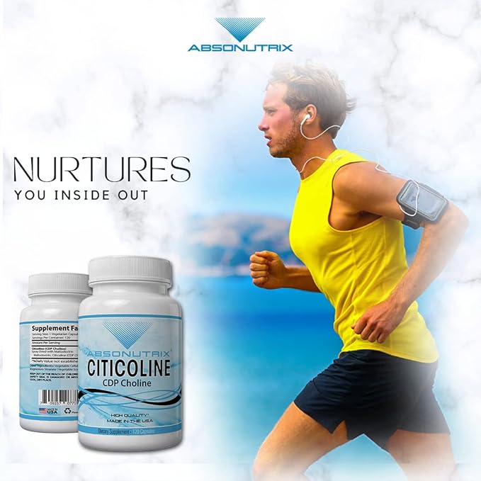Absonutrix Citicoline CDP Choline 530mg, Nootropic Supplement, GMP Certified, Third-Party Tested, Easy to Swallow, 120 Veg caps, Improves Cognitive Skills, Supports Memory, Non-GMO, Made in USA