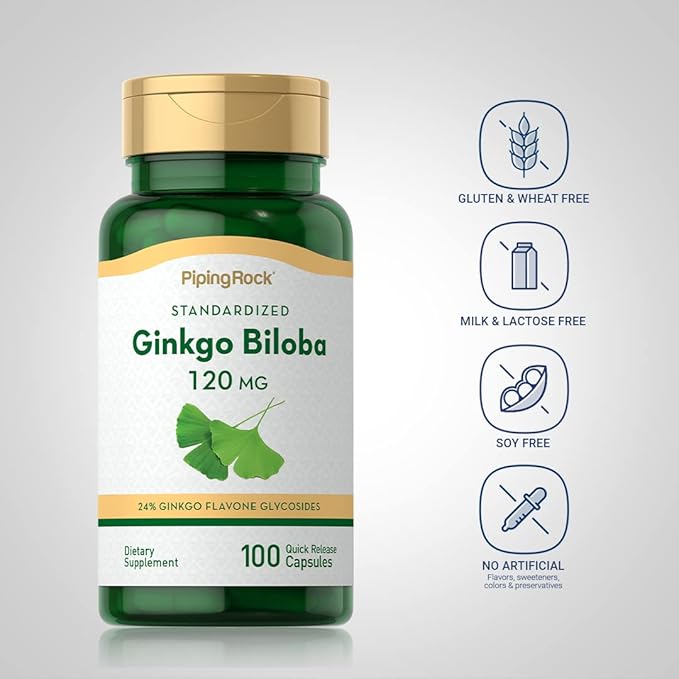 Piping Rock Ginkgo Biloba Supplements 120mg | 100 Capsules | Standardized Extract | Non-GMO, Gluten Free