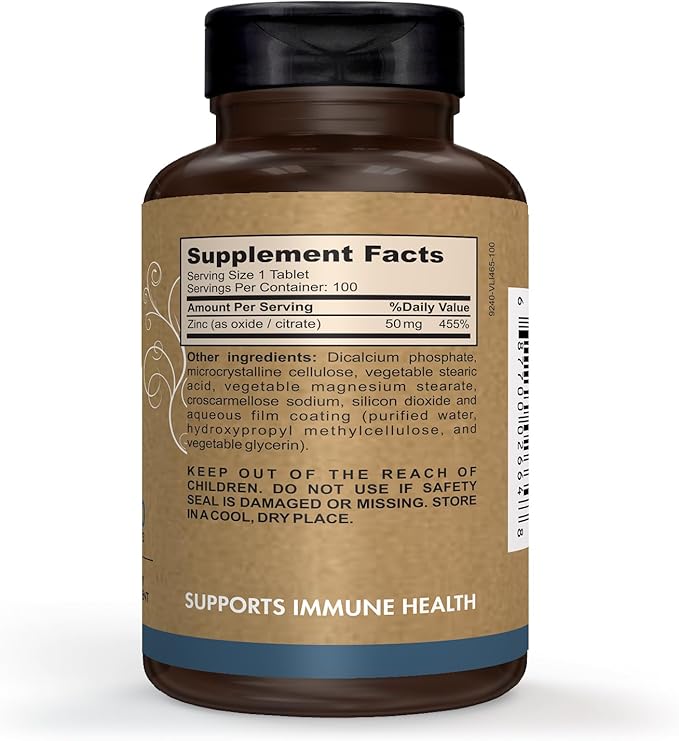Pomona Wellness Zinc Supplements For Adults, 50mg, Skin Health And Immune Support, Easy To Swallow, For Antioxidant And Overall Health, Vegan, Non-GMO, 100 Tablets