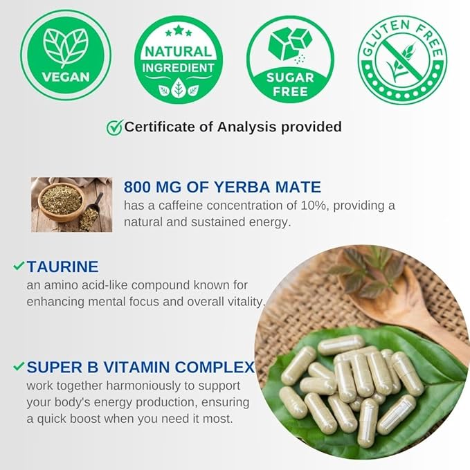 Yerba Mate 1400mg - Magic Natural Caffeine & Energy Supplements *USA Made & Tested* High Potency Enhanced with Taurine and Vitamin B Complex - 60 Capsules