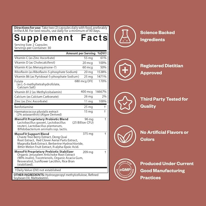MENOLABS MenoFit, Menopause Supplements for Women - 60 Capsules - Advanced Women’s Probiotic with Vitamins and Red Clover for Gut Health, Hot Flashes and Hormone Balance for Women