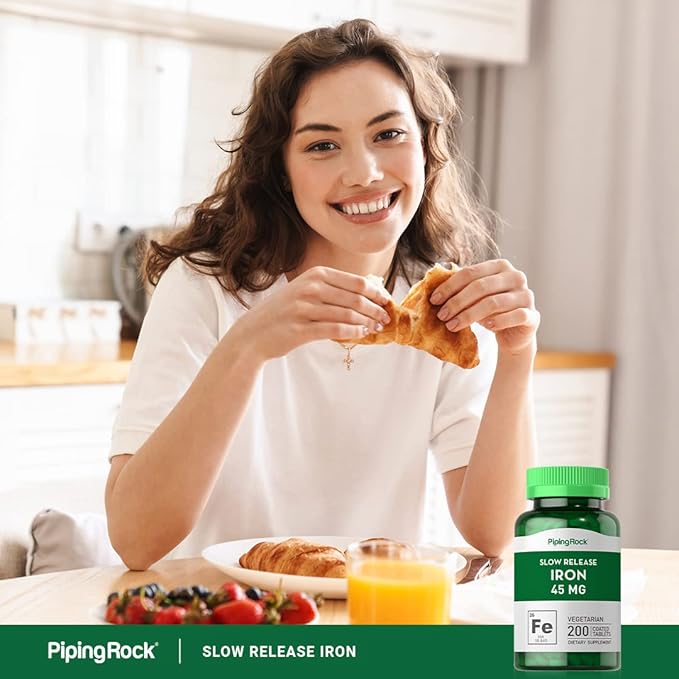 Piping Rock Iron Supplement 45 mg | 200 Tablets | for Women & Men | Slow Release Ferrous Sulfate | Vegetarian, Non-GMO & Gluten Free