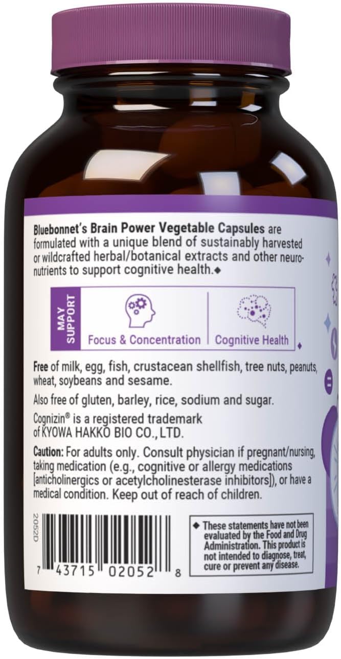 Bluebonnet Nutrition BrainPower – Whole Food-Based Nootropic Blend - for Brain Health*- Non-GMO, Vegan - Free of Gluten, Dairy, Soy & Stimulants - 30 Vegetable Capsules, 15 Servings