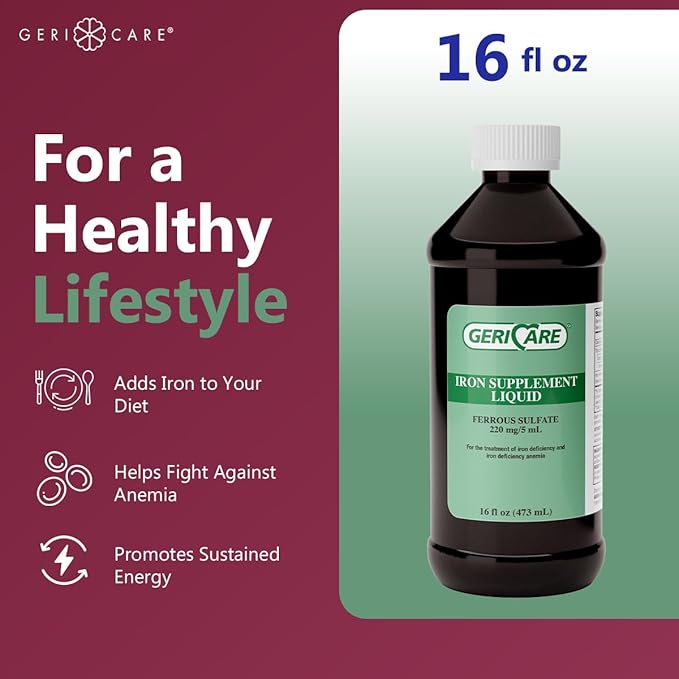 GeriCare 220 High Potency Liquid Iron Supplement | Liquid Iron for Adults | for Anemia and Iron Deficiency | 220mg of Iron Per 5mL Dose. (Pack of 1)
