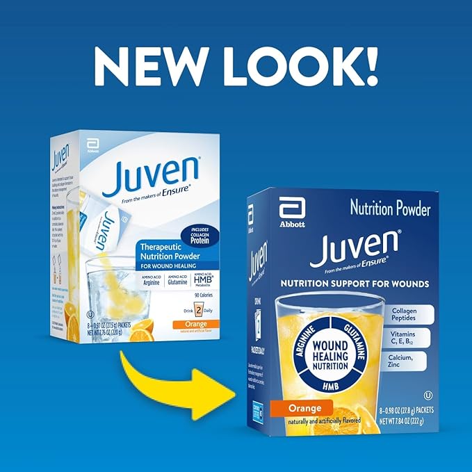 Juven Therapeutic Nutrition Drink Powder Including Collagen Peptides, Amino Acids, and HMB For Wound Healing Support, Orange, 48 Packets