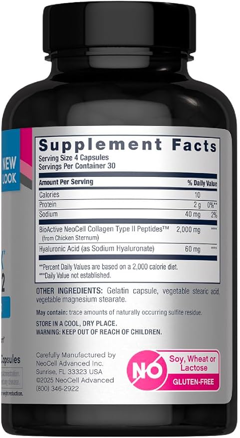 NeoCell Advanced Joint Collagen Complex Supplement | 120 Capsules | Type II and Hyaluronic Acid | for Men and Women
