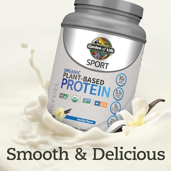 Organic Vegan Vanilla Protein Powder with Probiotics, BCAAs, 30g Plant Protein, NSF Certified, Gluten Free & Sport, Non GMO, Garden of Life Sport Protein Powder - 19 Servings