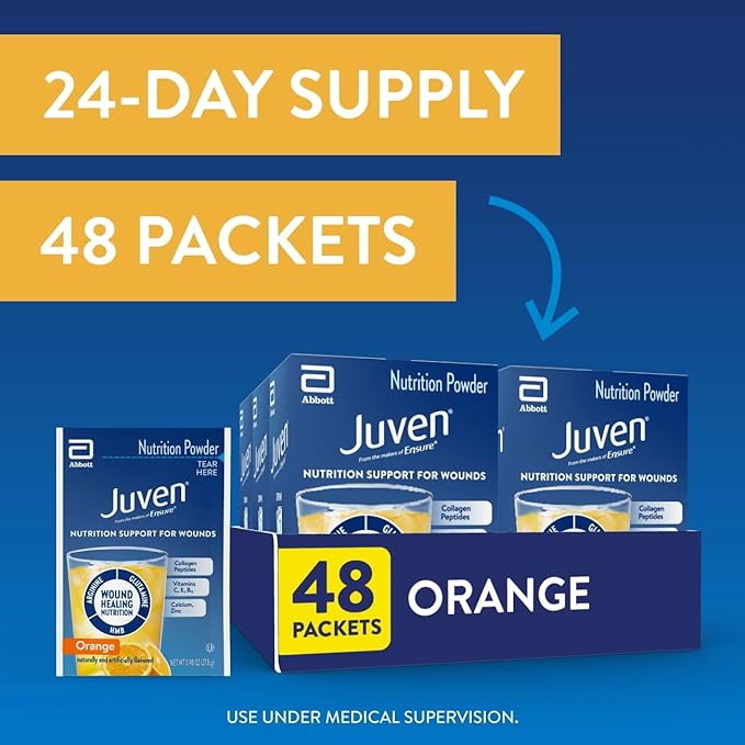 Juven Therapeutic Nutrition Drink Powder Including Collagen Peptides, Amino Acids, and HMB For Wound Healing Support, Orange, 48 Packets