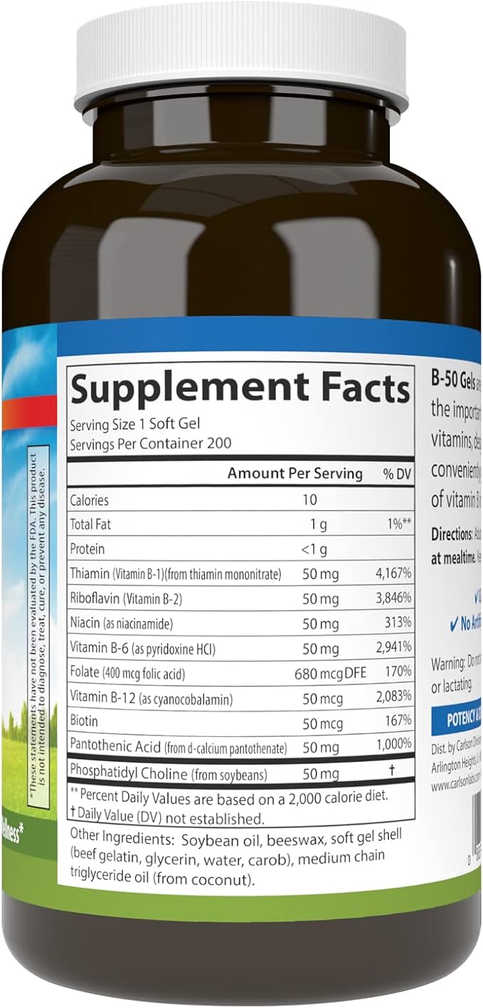 Carlson - B-50 Gels, Vitamin B Complex, Energy Production, Cellular Support & Optimal Wellness, 200 Softgels