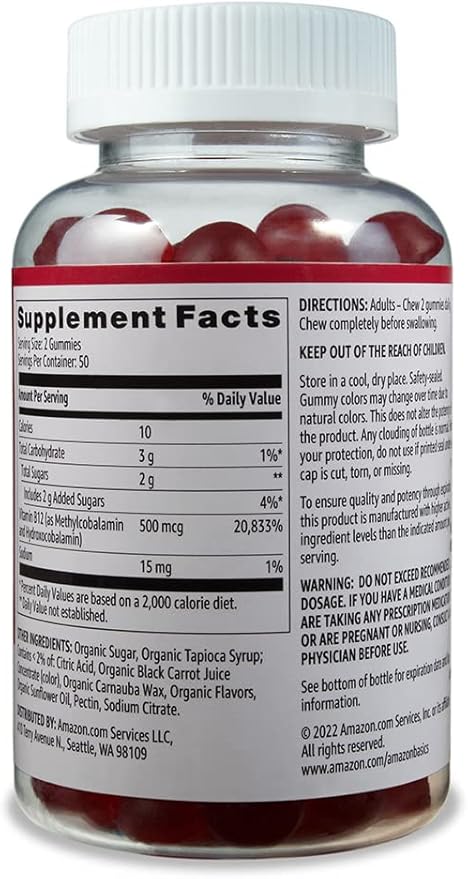 Amazon Basics Vitamin B12 500 mcg Gummies - Normal Energy Production and Metabolism, Immune System Support, Raspberry, 100 Count (2 per Serving) (Previously Solimo) (Pack of 2)