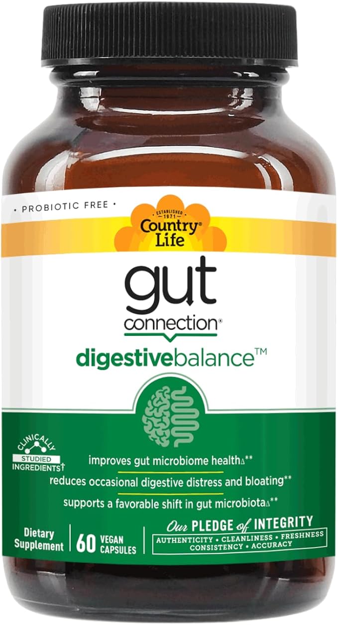 Country Life Gut Connection Digestive Balance – Prebiotic & Digestive Enzyme Supplement for Gut Health, Bloating Relief, and Improved Bowel Movements – Gluten-Free, Vegan, Non-GMO, 60 Capsules