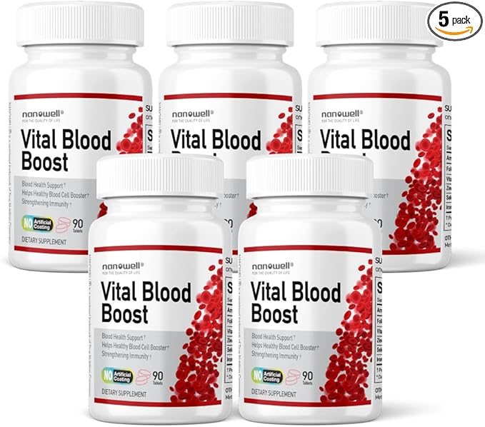Vital Blood Boost - Dietary Supplement for White and Red Blood Cell Support - Iron with Selenium, Zinc, Vitamin B12 & Folic Acid - 90 Tablets x 5 Bottles, 450 Day Supply