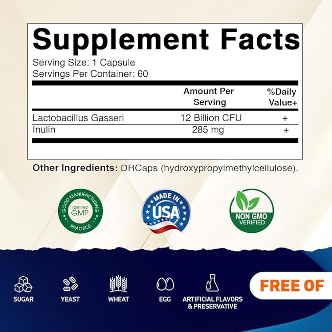 Vitamatic Lactobacillus Gasseri - 12 Billion per DR Capsule - 60 Count - Digestive Support - Made with Prebiotic Inulin Fiber