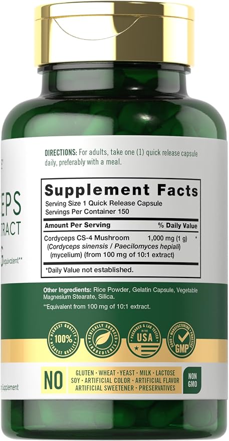 Carlyle Cordyceps Mushroom Capsules 1000mg | 150 Count | CS-4 Strain Mushroom Extract | Non-GMO and Gluten Free