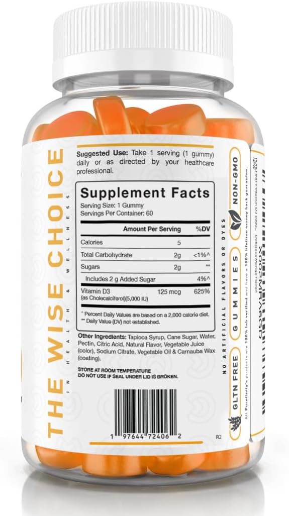 Vitamin D3 5000 iu Gummies – Your Daily Vitamin D Supplement for Bone Health, Immune Health, and Joint Muscle Support for Adults & Kids – Gluten Free, Non-GMO – 60 Veggie Gummies