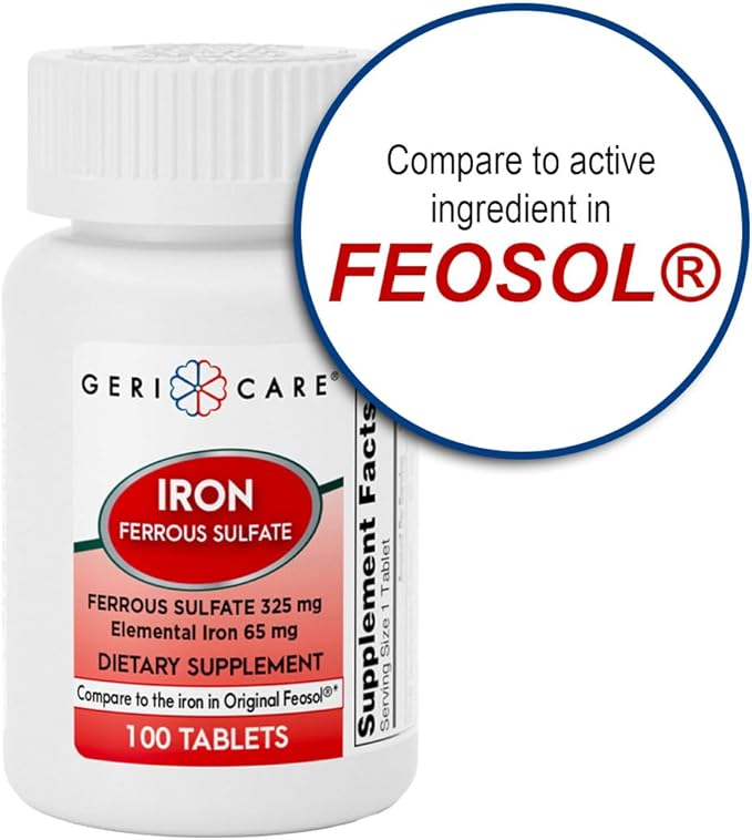 GeriCare Ferrous Sulfate Tablets 325mg, Elemental Iron 65 mg High Potency Iron Supplement | Dietary Supplement 100 Count. (Pack of 2)