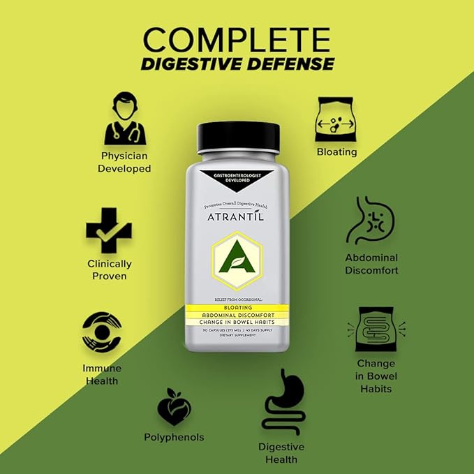Atrantíl Atrantil 90 Capsules-Antioxidant Packed Polyphenol for Bloating and Gas Relief, Abdominal Discomfort, Constipation, Diarrhea, Postbiotic, Change,n Bowel Habits and Everyday Digestive Health.