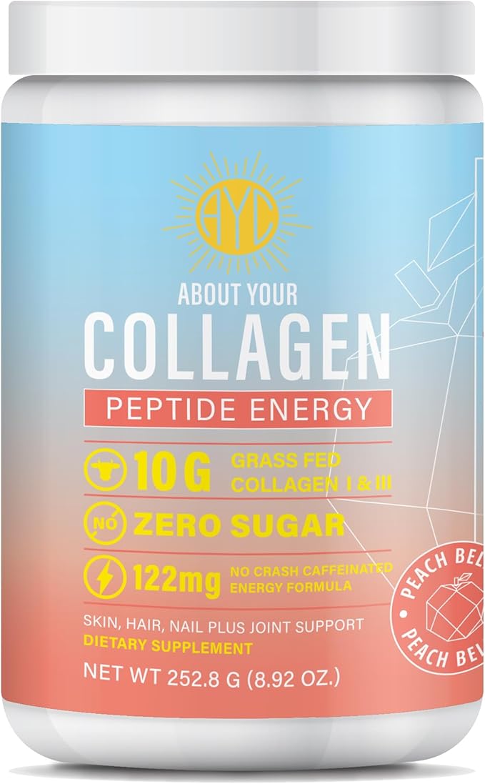 Peptide Energy Collagen Powder Hair, Nail, Skin, Type I & III,Caffeine for Energy, Vitamin C, Biotin, Hyaluronic Acid, Zero Sugar – 8.92 oz (Peach Bellini)