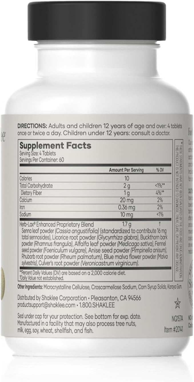 Shaklee - Herb-Lax® Gentle Laxative - Herbal Blend with Senna Leaf for Digestive Health & Regularity - Occasional Constipation Support- Enhanced Proprietary Formula - 240 Tablets
