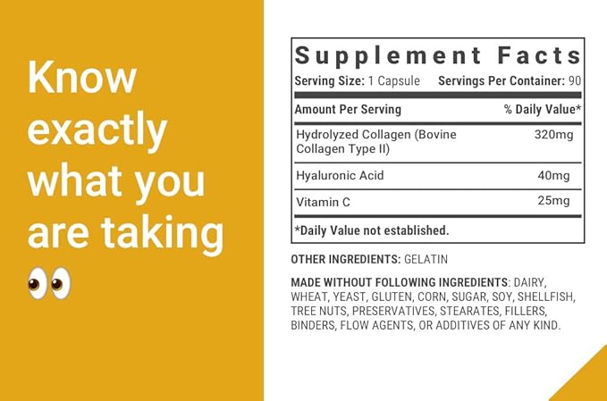 Collagen Pills Type 2 for Healthier Joints - Grass Fed Beef Collagen Hydrolyzed Type 2 Capsules with Vitamin C and Hyaluronic Acid