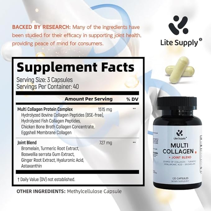 Multi Collagen Complex - 120 Capsules for Men and Women with Type I, II, III, V, X - Hydrolyzed Collagen Peptides, Turmeric Extract Ginger Extract Hyaluronic Acid for Bone and Joint Support Hair Skin