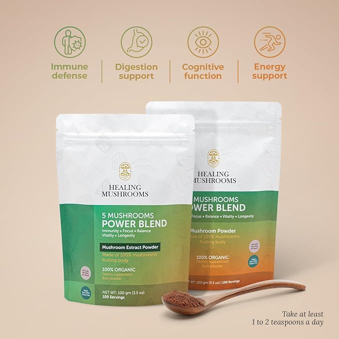 5 Mushrooms Power Bland, Organic Powder with Lions Mane, Reishi, Cordyceps, Turkey Tail, Chaga. 100 Grams