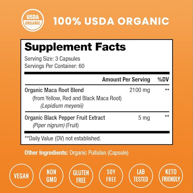 NutraChamps USDA Organic Maca Root Capsules for Women & Men, 2100mg, 180 Capsules, Black, Red & Yellow Peruvian Gelatinized, Highest Potency Maca Root Powder Supplement