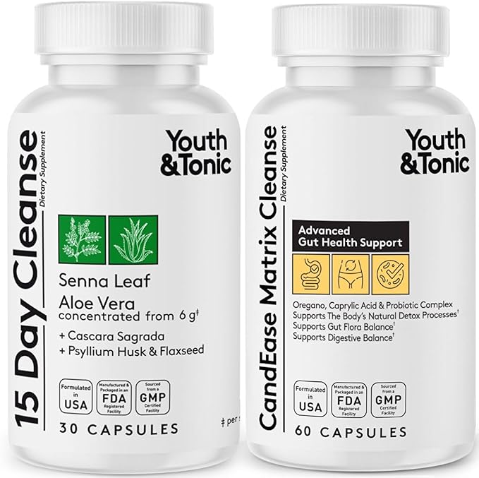 Youth & Tonic Colon Cleanse and CandEase Matrix Pills | Support for Body Detox Gut Health & Intestinal Flora Restoring Normal Acidity Level