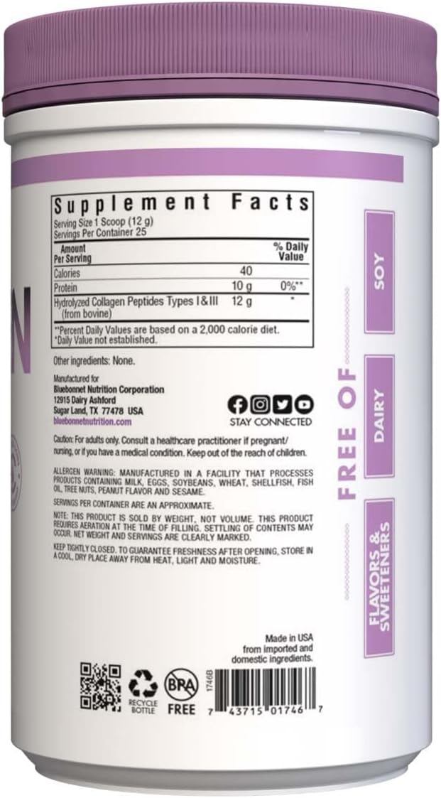 BlueBonnet Nutrition Hydrolyzed Collagen Powder, Supports Hair, Skin, and Nails*, Soy-Free, Gluten-Free, Non-GMO, Grass-fed Cows, Pasture Raised, 10.58 oz, 25 Servings, Unflavored, Unsweetened