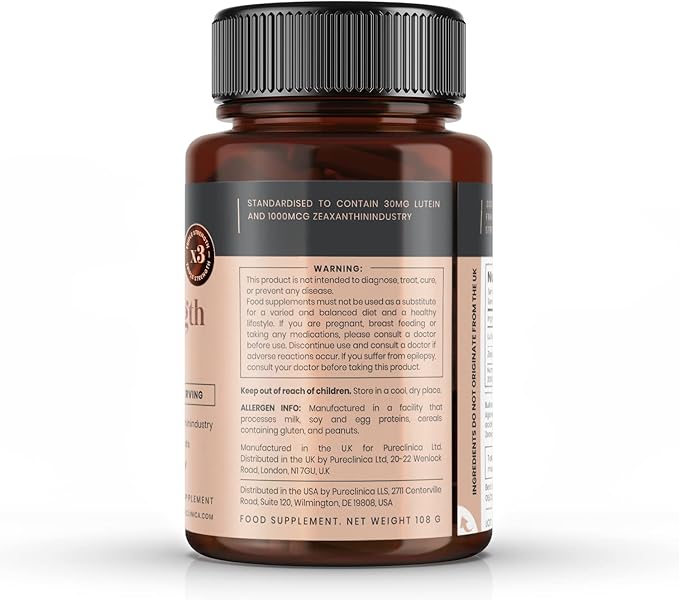 pureclinica Lutein 30mg x 540 Tablets (6 Bottles with 90 Tablets in Each). with 1000mcg Zeaxanthin. 3 x The Strength of Regular Lutein Tablets
