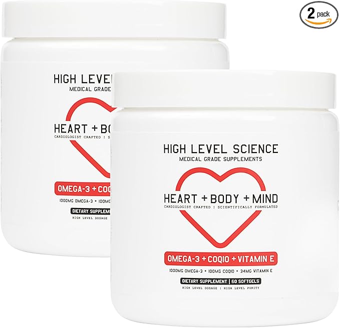 High Level Omega 3, CoQ10 & Vitamin E, Heart, Body, Mind Support with Fish Oil, Coenzyme Q10, Beeswax & Glycerin, Dietary Supplement for Men & Women, Yeast & Gluten Free, 60 Black Softgels - 2 Pack
