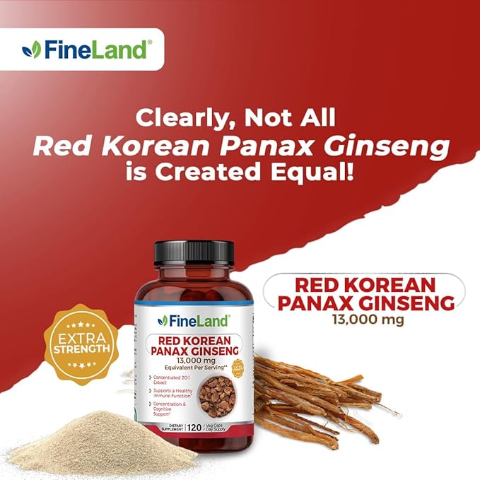 FineLand Red Korean Panax Ginseng 20x Extract 13,000mg Eq. Per Capsule, 5% Ginsenosides!, Max Strength, Immune Support, Concentration & Cognitive Support, 120 Capsule, 4 Months Supply