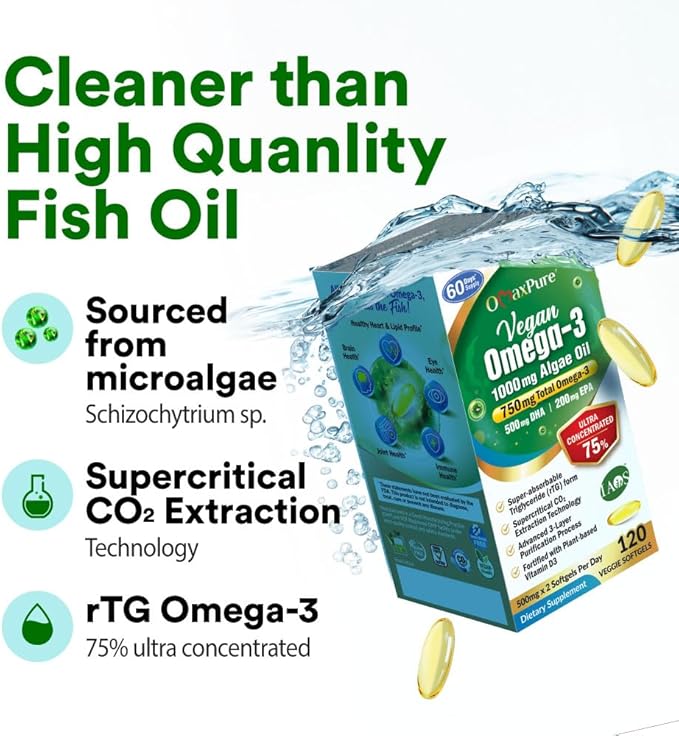 LABO Nutrition Vegan Omega 3 Algae Oil - Plant Based Fish Oil Alternative 750mg Omega-3 500mg DHA & 200mg EPA - Non-GMO & IAOS Certified - Heart, Brain, Eye, Immune, Joint Support 120 Softgels