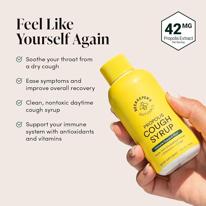 Beekeeper's Naturals Propolis Honey Cough Syrup Daytime for Adults Elderberry, Bee Propolis, Buckwheat Honey - Immune Support & Throat Soothing, 4 oz