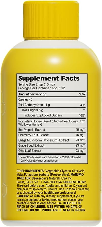 Beekeeper's Naturals Propolis Honey Cough Syrup Daytime for Adults Elderberry, Bee Propolis, Buckwheat Honey - Immune Support & Throat Soothing, 4 oz