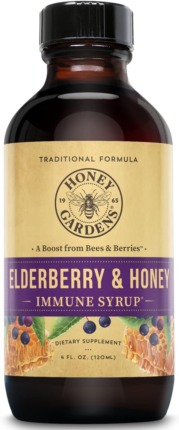 Honey Gardens Elderberry Syrup with Grade A Raw Honey, Propolis, Organic ACV & Elderberries | Traditional Immune Formula w/Echinacea | Made in The USA (4oz)