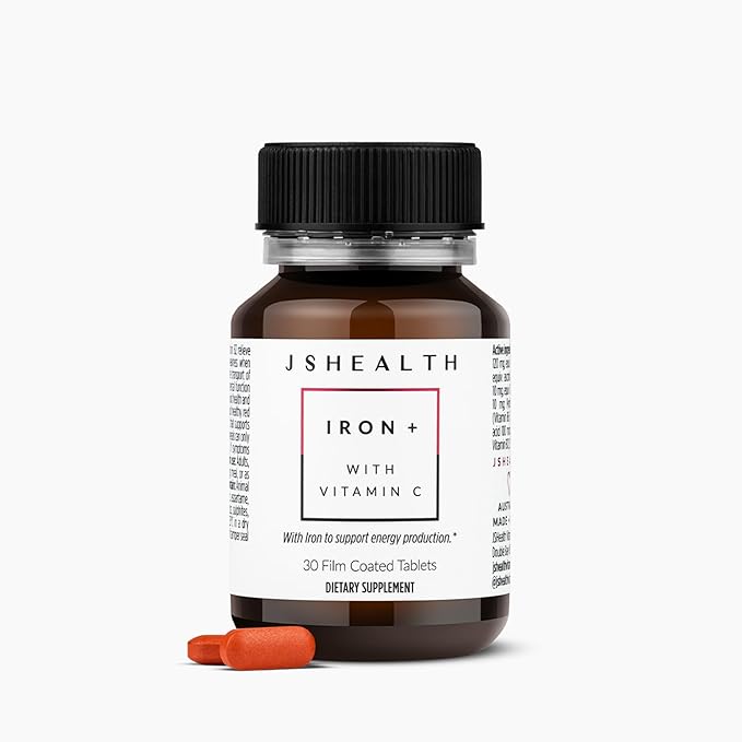 JSHealth Vitamins Iron+ Supplement for Energy Support - Iron Deficiency Pills with Vitamin C and Vitamin B12 - No Nausea - (30 Tablets)