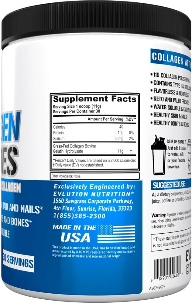 Evlution Nutrition Collagen Peptides Powder, Premium Hydrolyzed Collagen to Support Healthy Skin, Hair, Bones, Joints, Nails & More (30 Servings)