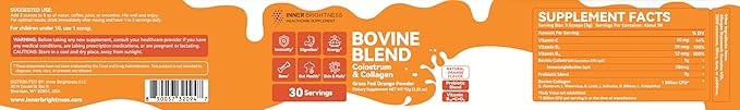 Bovine Colostrum & Collagen Powder for Gut Health, Immune Support, Hair Growth & Beauty Supplement, Sugar Free – IgG, Probiotics, Vitamin B12, C, D3 – Orange Flavor, 30 Servings