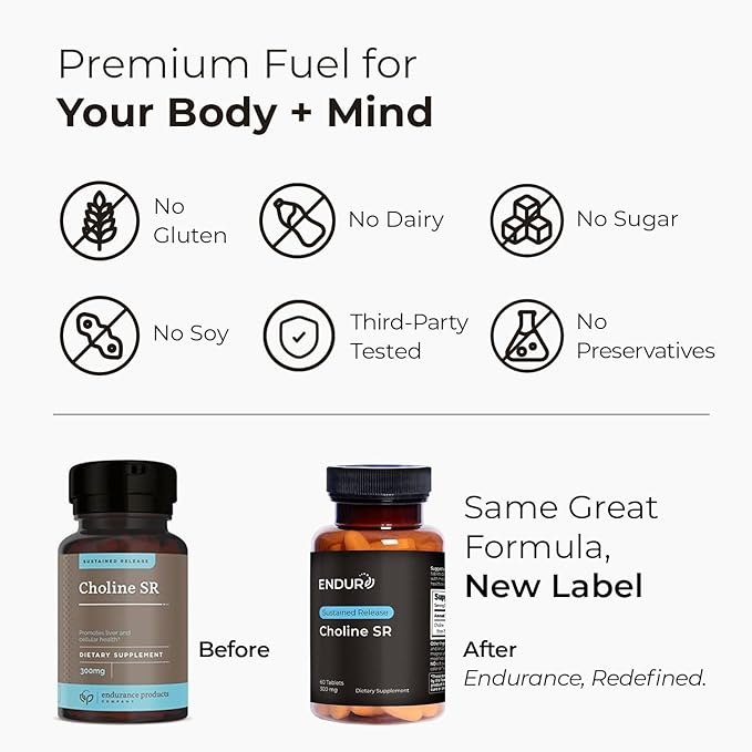 Choline Bitartrate Sustained Release - 300mg 60 Tablet - Promotes Brain Health, Mental Focus & Memory - Prenatal Supplement for Development & Growth - 100% Vegan & Non-GMO Co.
