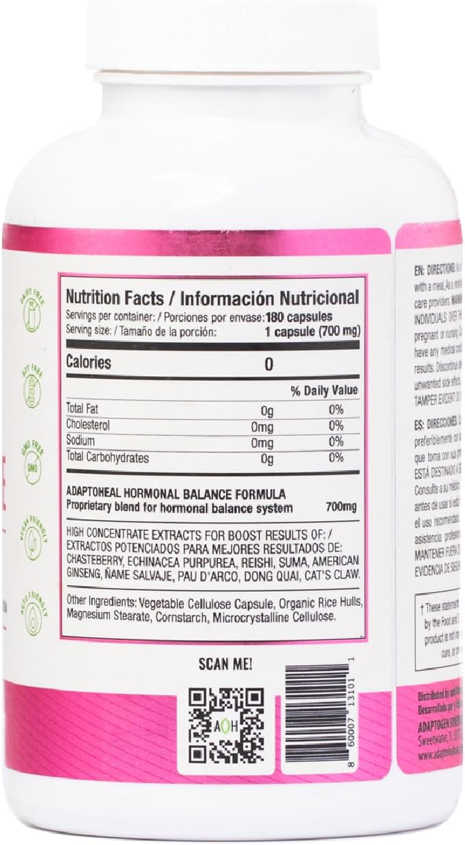 Hormone Balance for Women - Adaptogens Supplement - Vitex, Ginseng and Cat’s Claw – Vegan, Gluten and Dairy Free (180 Capsules / 700 mg)