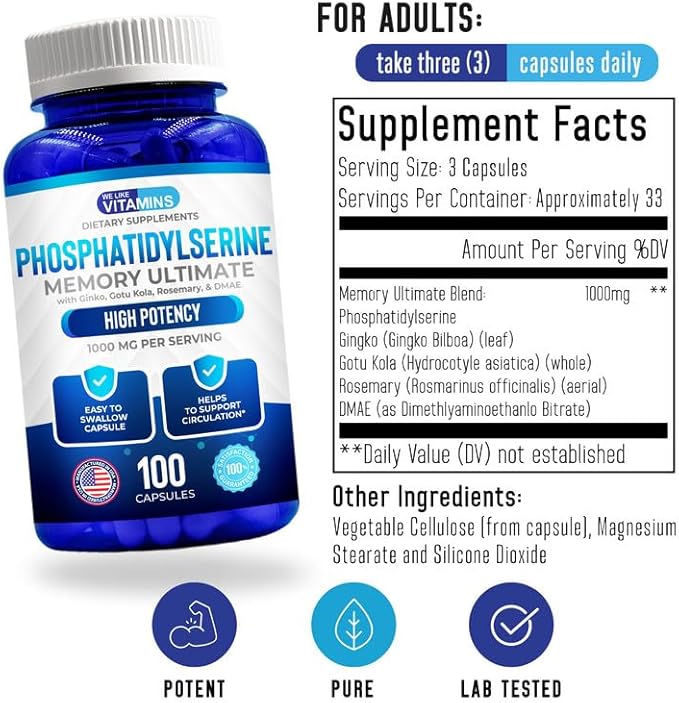 We Like Vitamins Phosphatidylserine Supplement with Gingko Biloba, Gotu Kola, DMAE - Improves Focus, Memory, Cognitive Function - Soy-Free 1000mg Memory Ultimate Complex - 100 Easy-to-Swallow Capsules