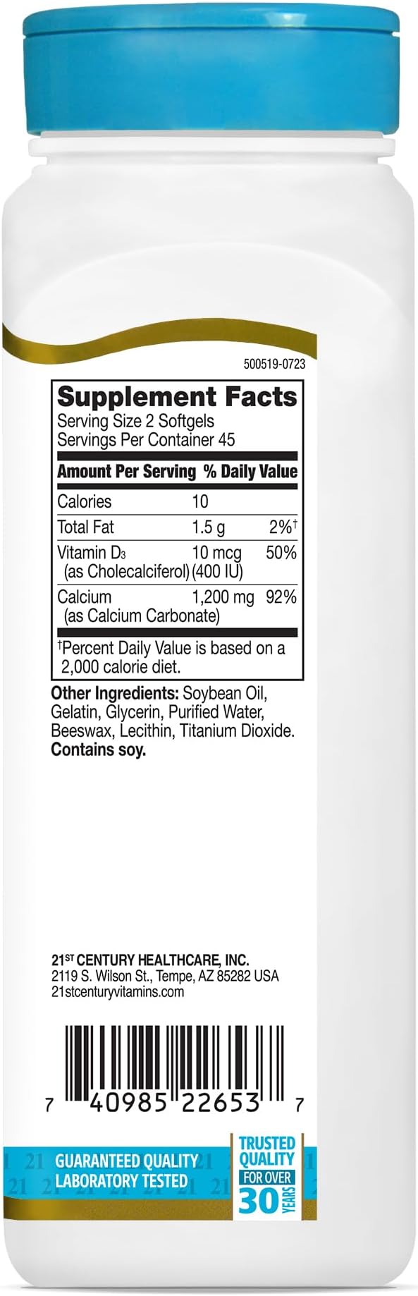 21st Century Calcium Plus D3 Liquid Filled Softgel, 1200 mg, 90 Count (Pack of 2)