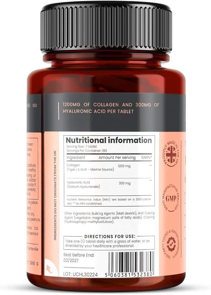 pureclinica Triple Strength Marine Collagen & Hyaluronic Acid – 1500mg per Tablet | 720 Tablets (4 Bottles of 180) | Supports Skin, Joints & Hydration