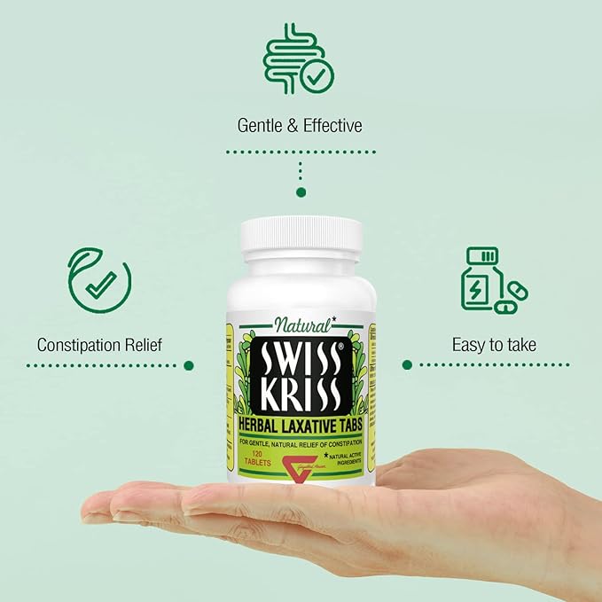Swiss Kriss Herbal Laxative Tablets, Gentle & Natural Laxatives for Constipation Relief for Adults & Children Over Age 6, Works in 6-12 Hours, Senna Laxative, 120 Tablets Total
