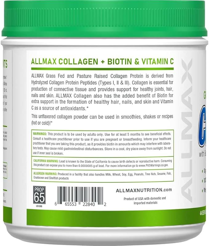 ALLMAX Nutrition Grass Fed & Pasture Raised Collagen with 10,000 mcg Biotin + 90 mg Vitamin C, Unflavored, 15.5 oz (440 g)