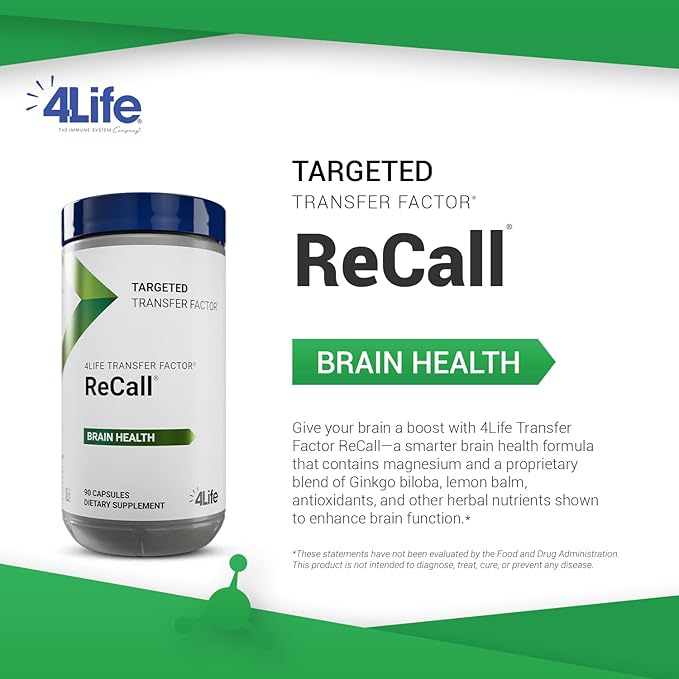 4Life Transfer Factor Recall - Supports Brain Health, Memory and Learning with Ginkgo Biloba, Bacopa Monnieri and Huperzia - 90 Veggie Capsules