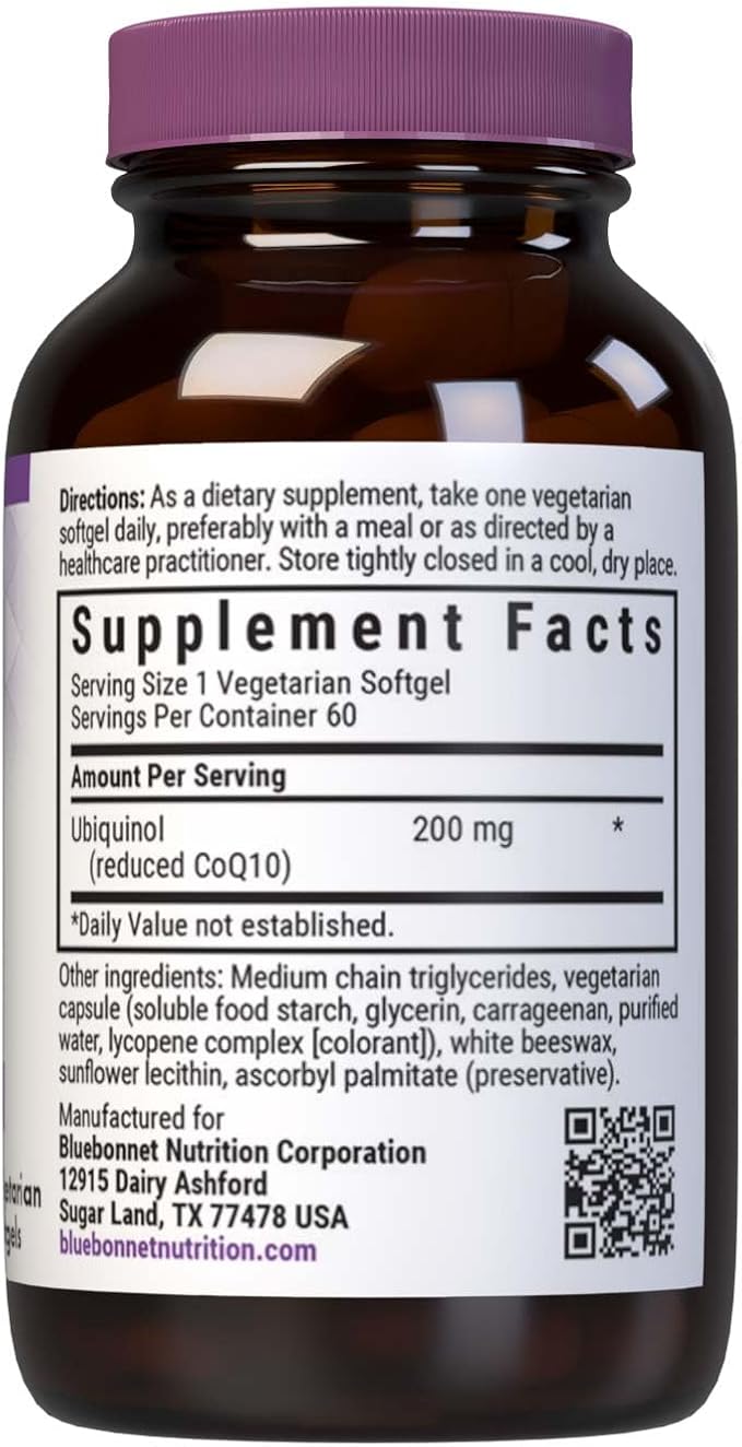 Bluebonnet Nutrition Active CoQ10 Ubiquinol 200mg Vegetarian Softgels, Heart & Cellular Health, Non GMO, Gluten, Soy & Milk Free, White, 60 Count