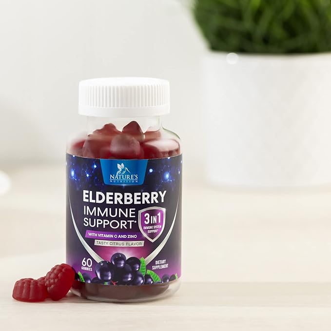 Sambucus Elderberry Immune Gummies, Daily Elderberry Immune Support Vitamins with Vitamin C, Vitamin D3, Zinc, Immune Support Gummy Vitamin Supplement, Black Elder berry for Adult & Kid - 60 Gummies